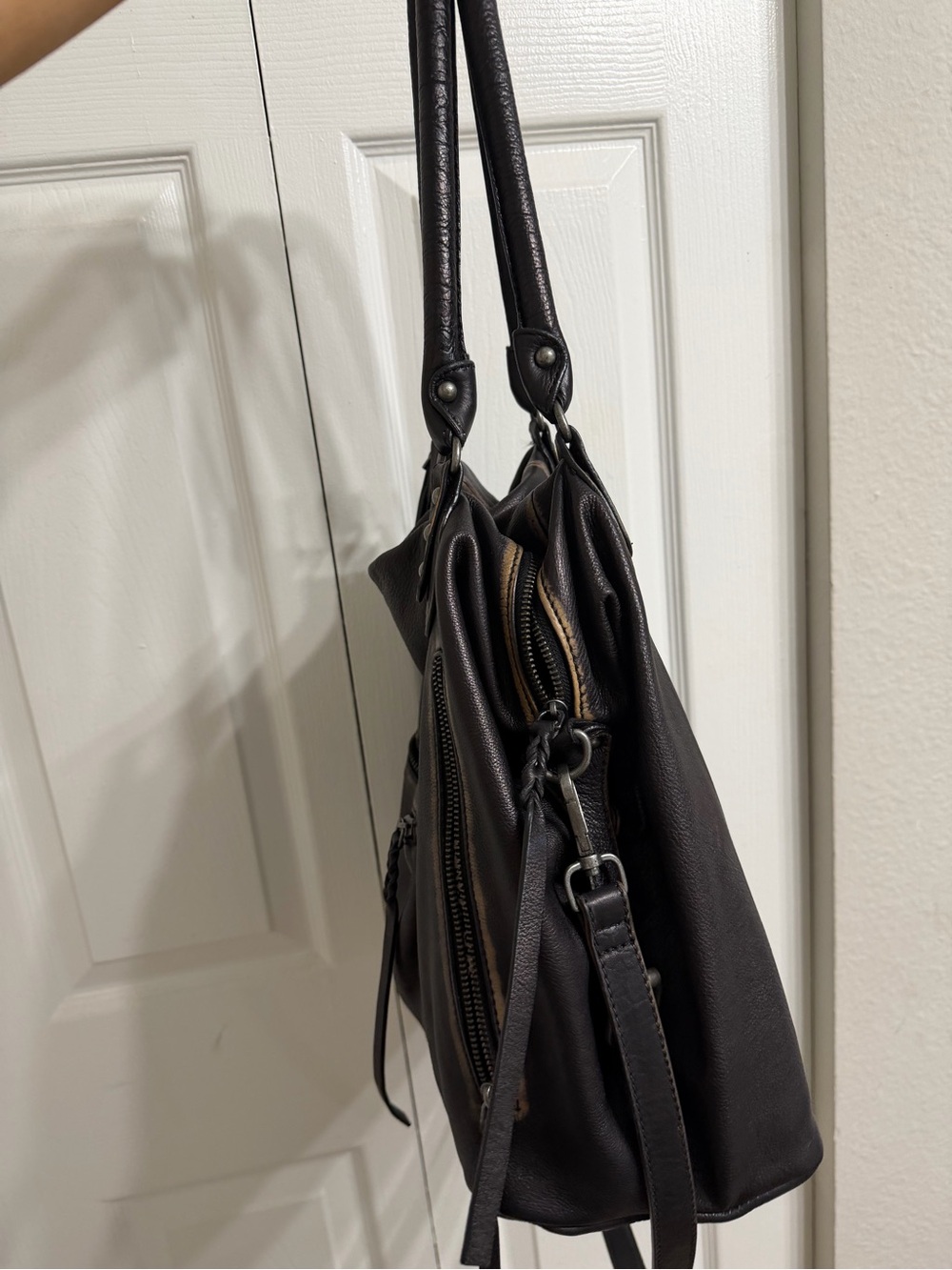 Free People Distressed Black Leather Hobo Shoulder Bag - Picture 4 of 6